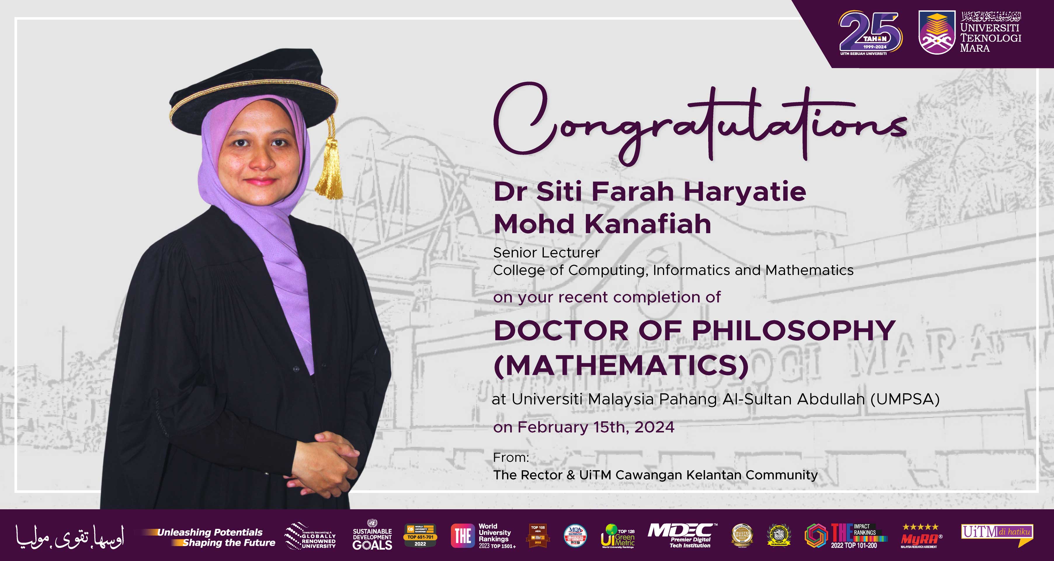 Congratulations!!! Dr Siti Farah Haryatie Mohd Kanafiah, Doctor of Philosophy (Mathematics)