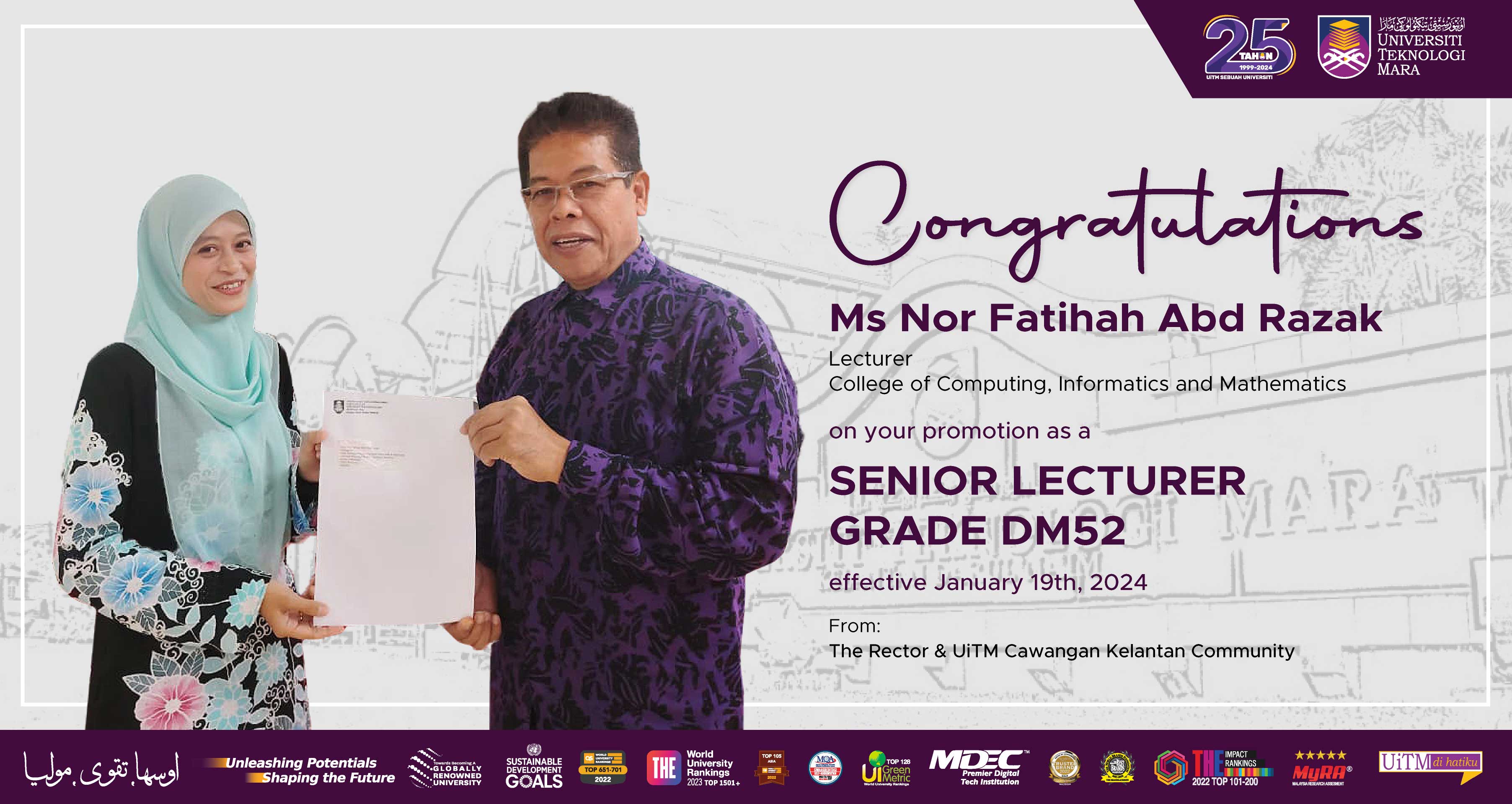Congratulations!!! Ms Nor Fatihah Abd Razak, Senior Lecturer Grade DM52