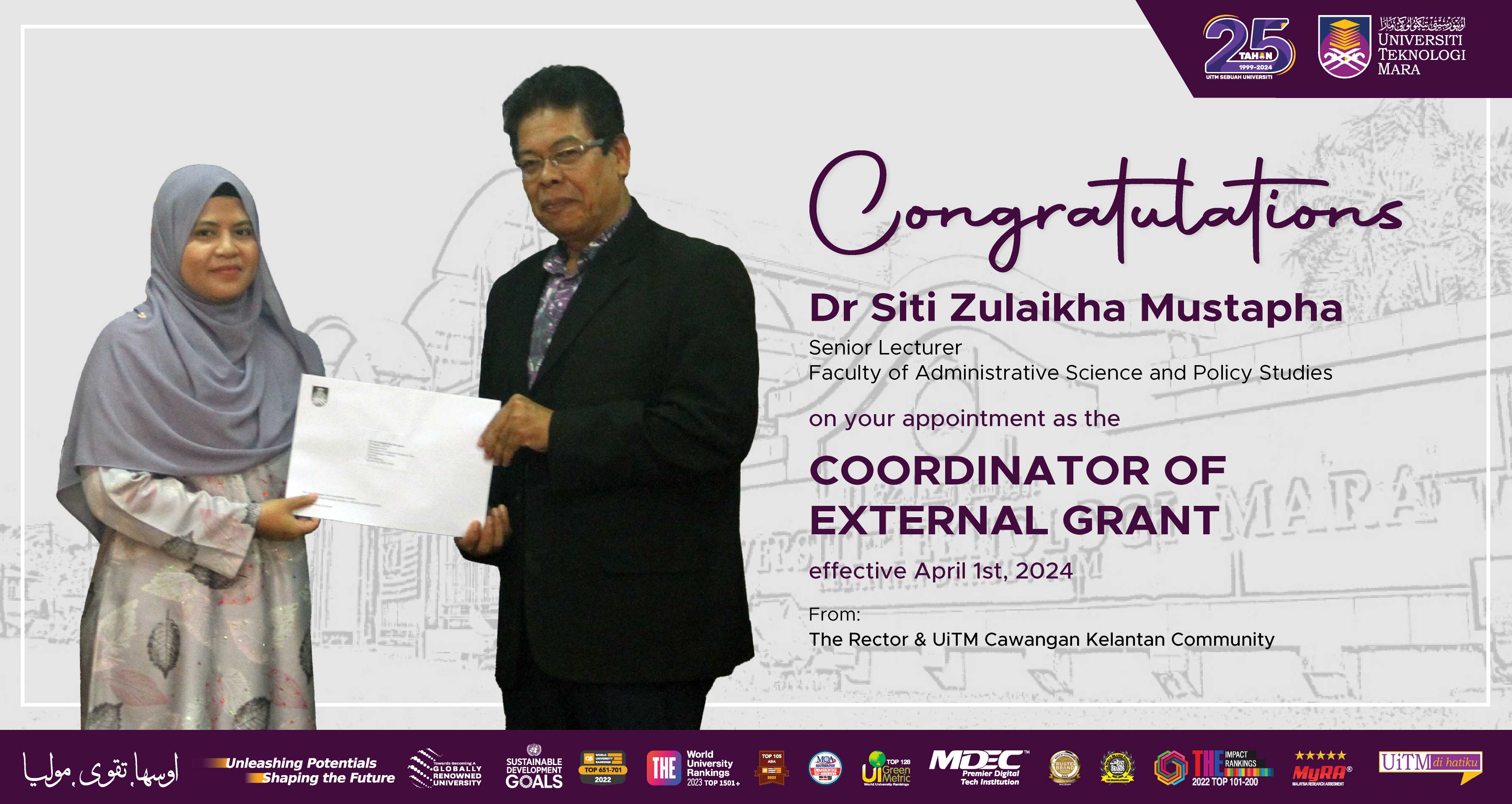 Congratulations!!! Dr Siti Zulaikha Mustapha, Coordinator of External Grant 