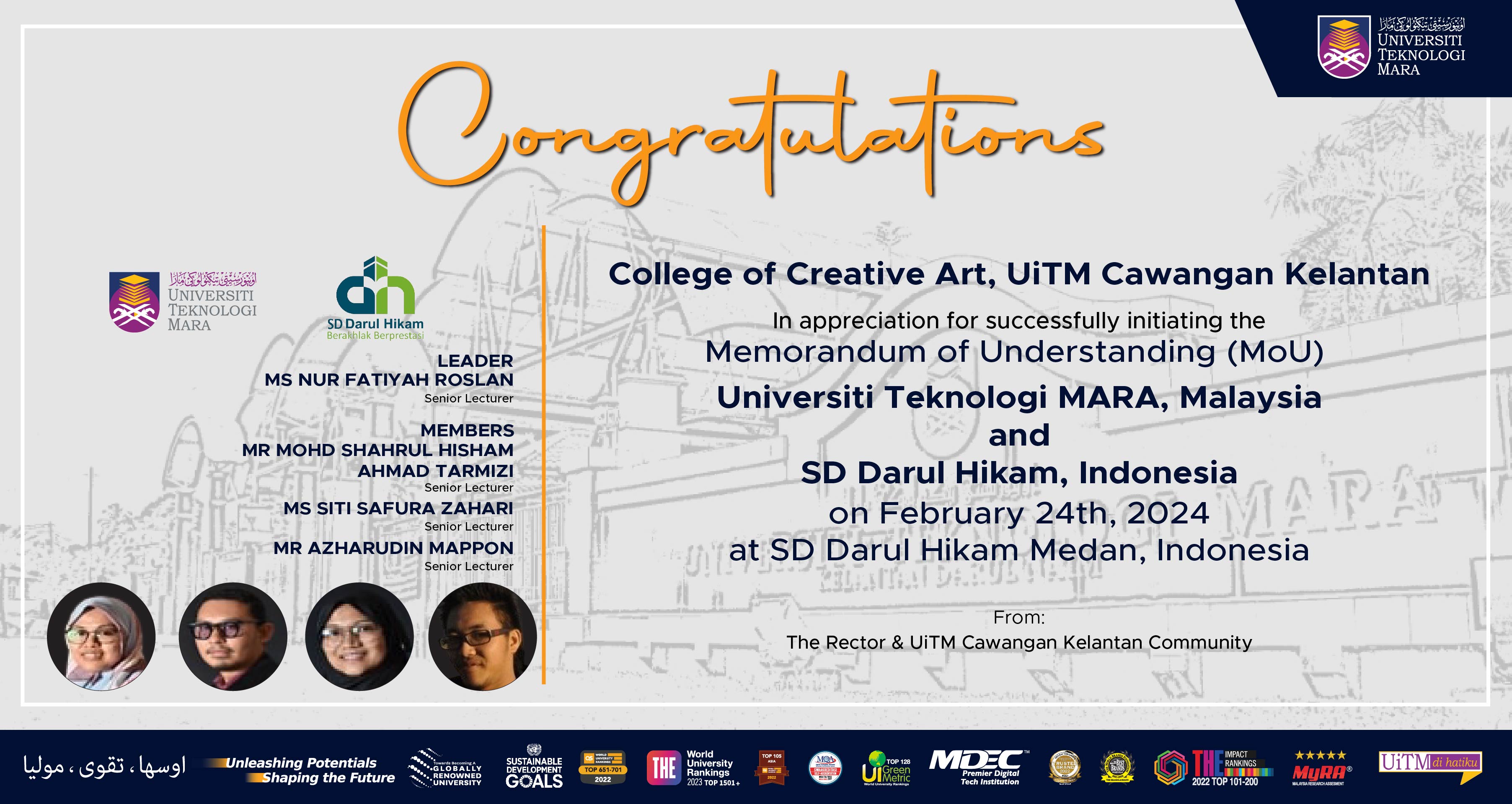 Congratulations!!! College of Creative Art UiTMCK, MoU between UiTM, Malaysia and SD Darul Hikam, Indonesia