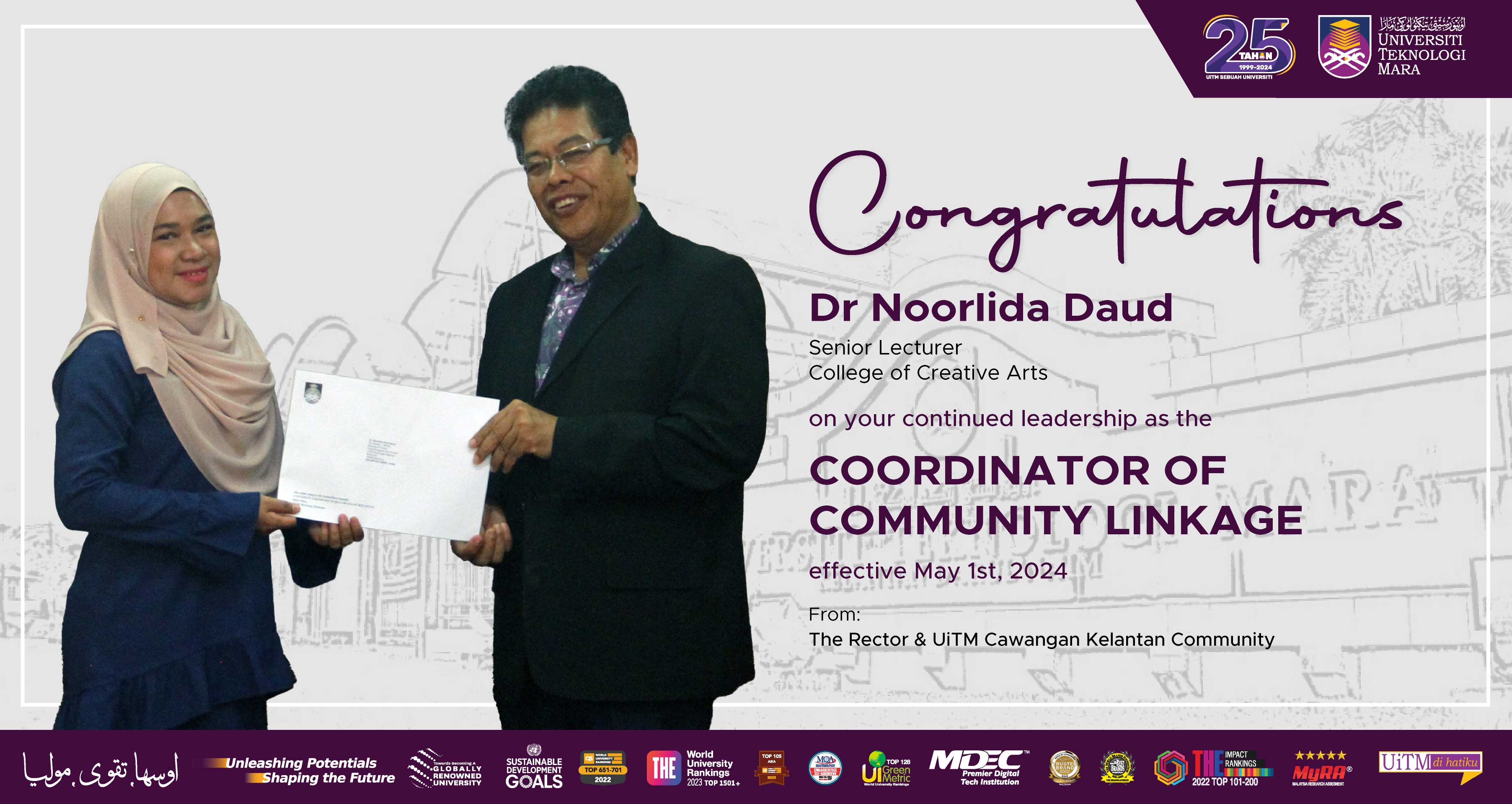 Congratulations!!! Dr Noorlida Daud, Coordinator of Community Linkage