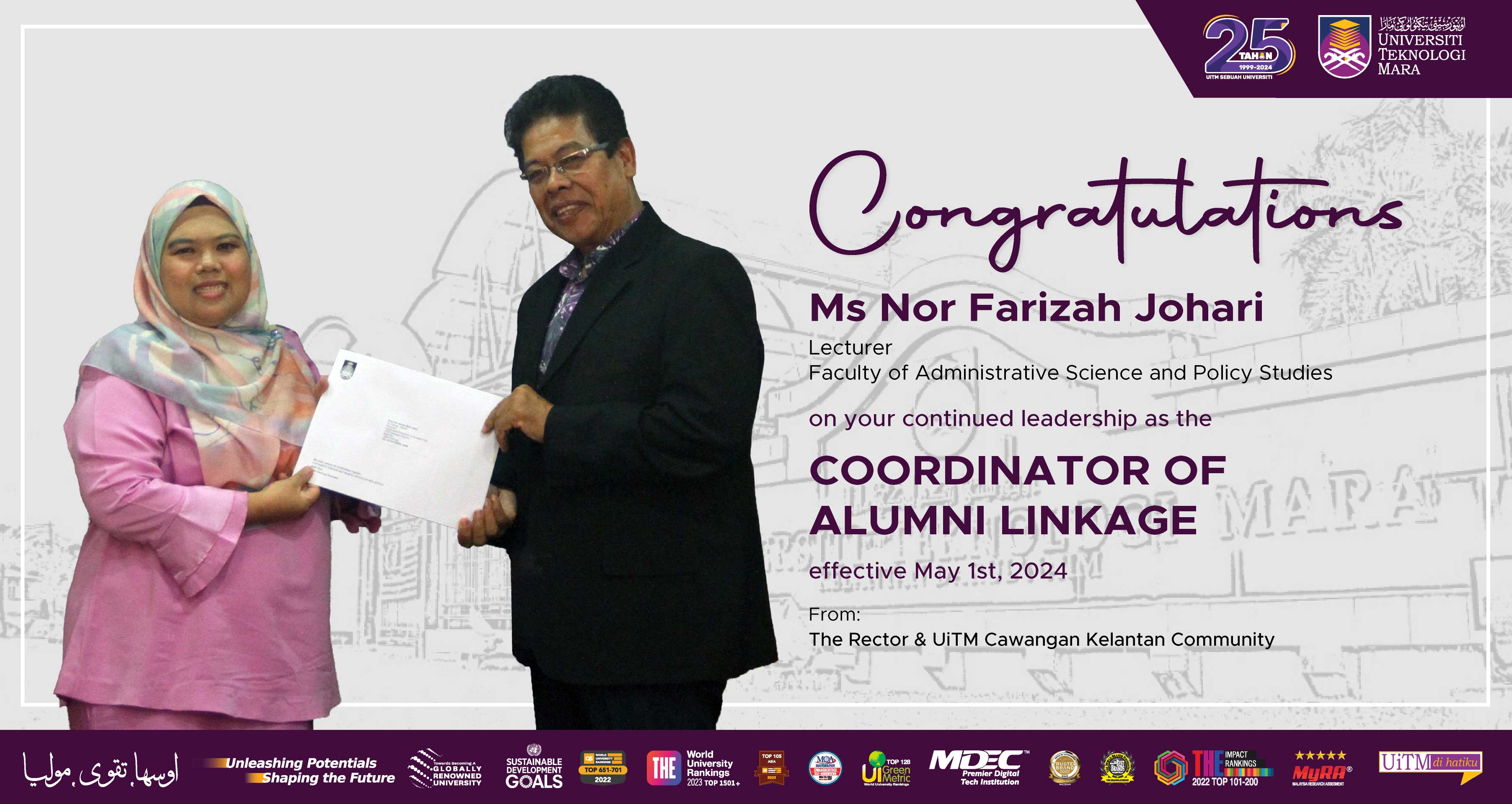 Congratulations!!! Ms Nor Farizah Johari, Coordinator of Alumni Linkage