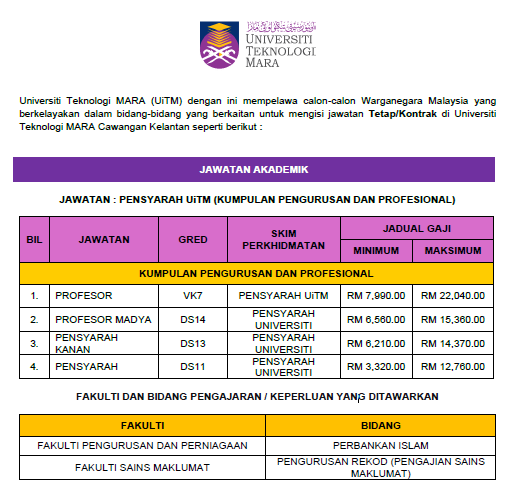 JAWATAN KOSONG: Iklan Jawatan Kosong Akademik UiTM Cawangan Kelantan Bil 3/ 2025