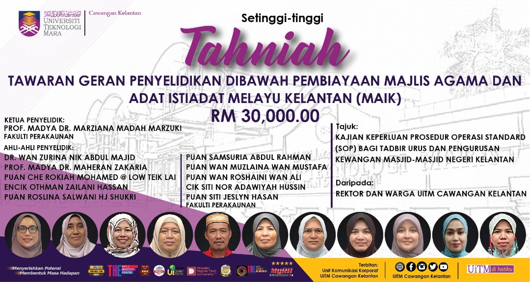 Tahniah!!! Tawaran Geran Penyelidikan dibawah Pembiayaan Majlis Agama dan Adat Istiadat Melayu Kelantan (MAIK)