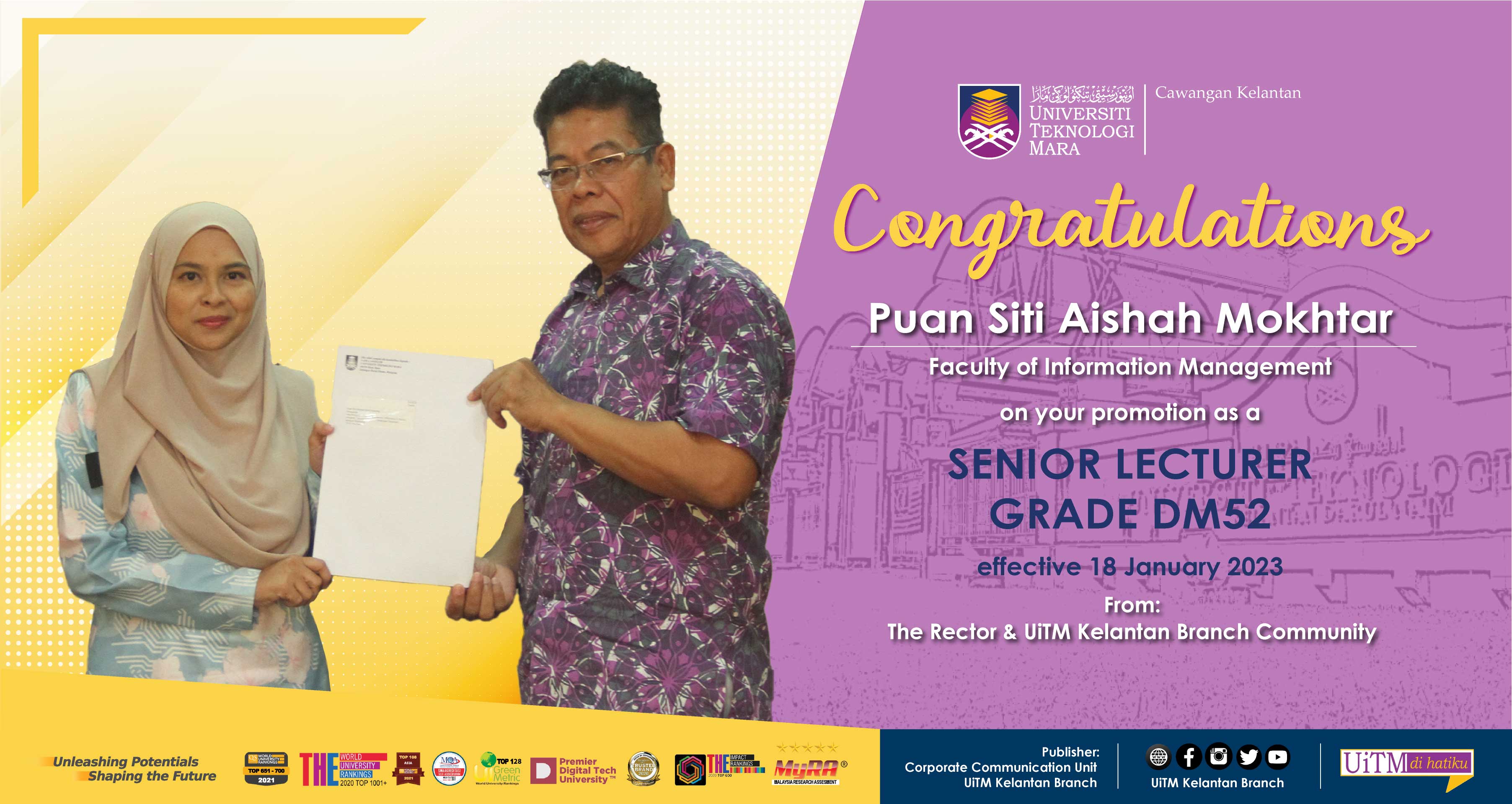 Congratulations!!! Puan Siti Aishah Mokhtar, Senior Lecturer Grade DM52