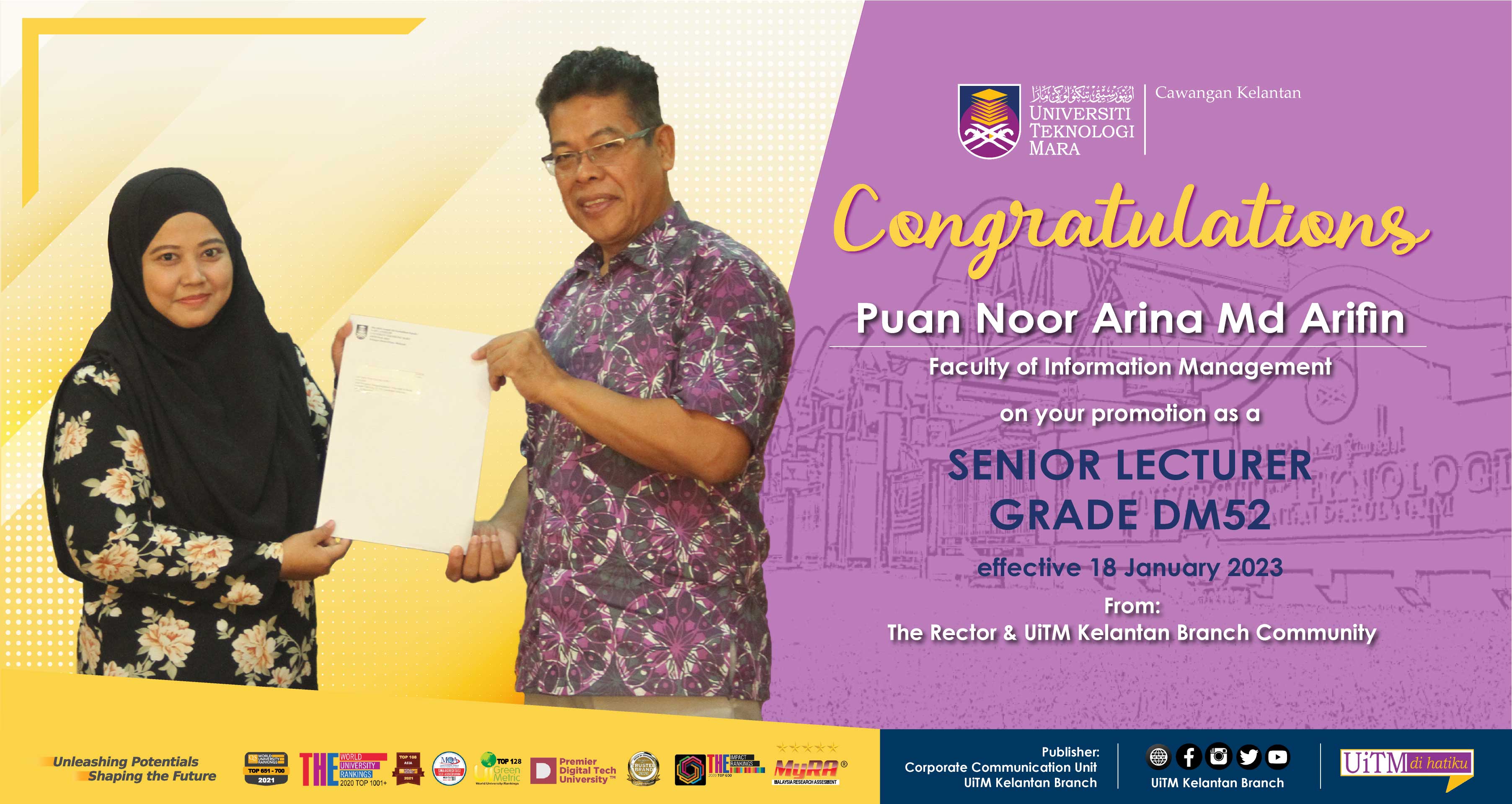 Congratulations!!! Puan Noor Arina Md Arifin, Senior Lecturer Grade DM52