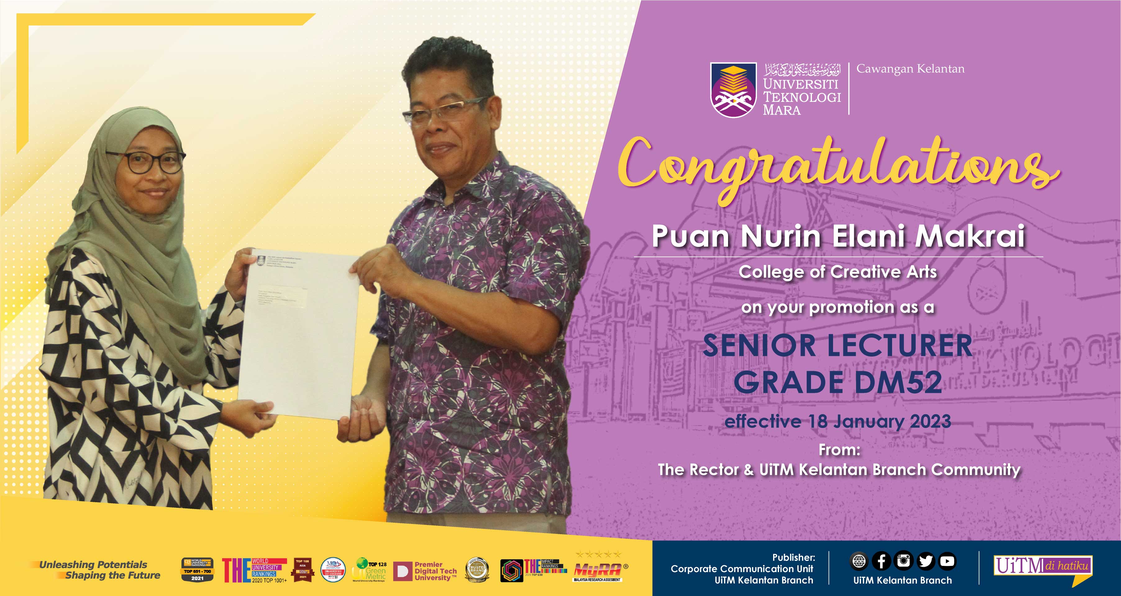 Congratulations!!! Puan Nurin Elani Makrai, Senior Lecturer Grade DM52