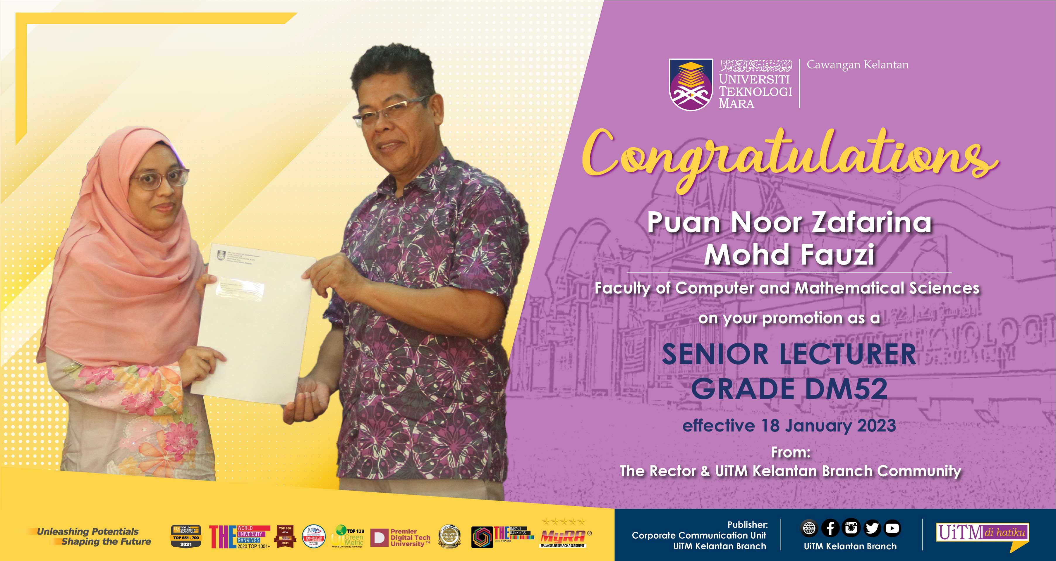 Congratulations!!! Puan Noor Zafarina Mohd Fauzi, Senior Lecturer Grade DM52