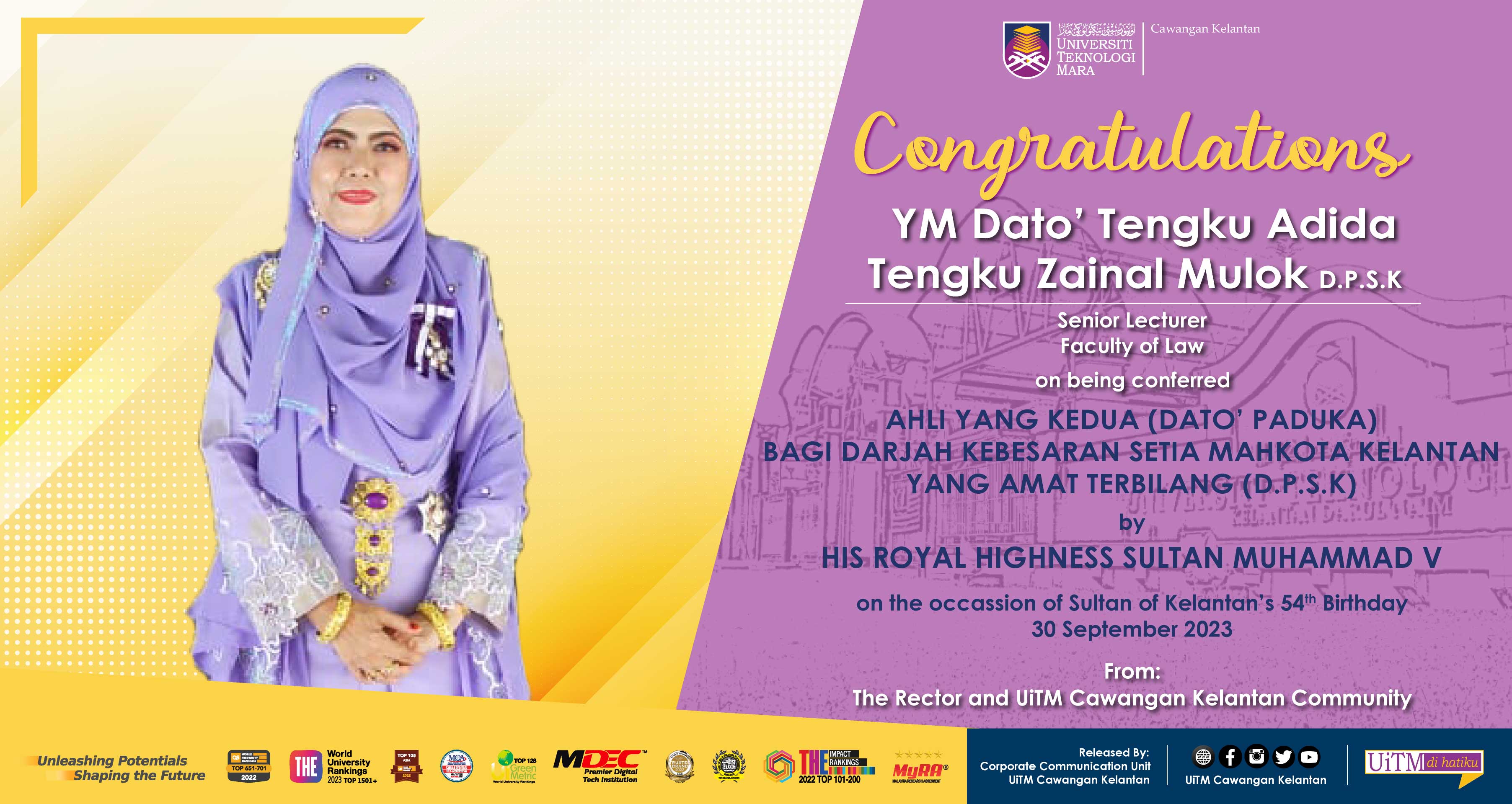 Congratulations!!! YM Dato' Tengku Adida Tengku Zainal Mulok D.P.S.K, Ahli Yang Kedua Ahli (Dato' Paduka) Bagi Darjah Kebesaran Setia Mahkota Kelantan Yang Amat Terbilang (D.P.S.K)