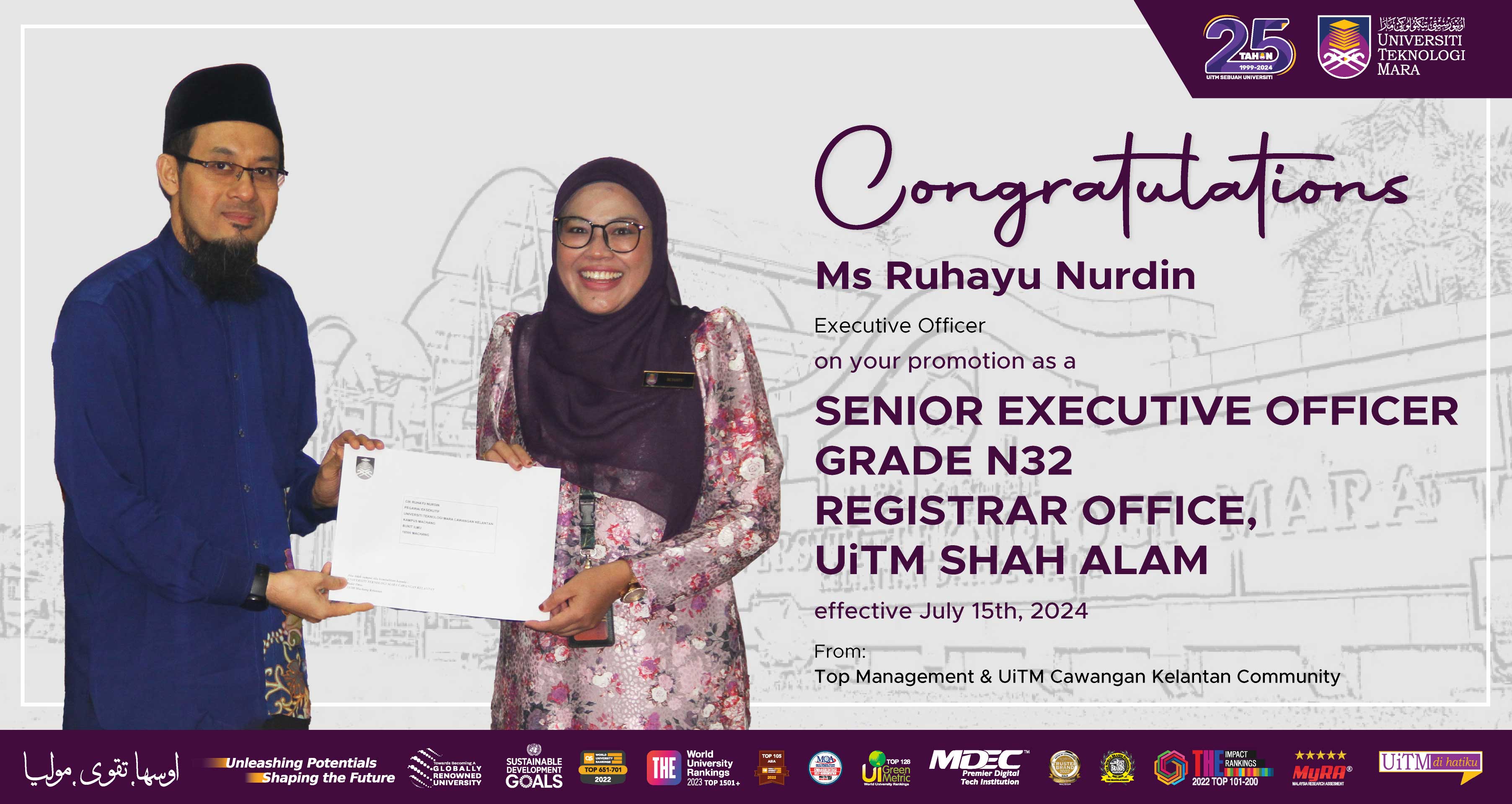 Congratulations and All the Best!!! Ms Ruhayu Nurdin, Senior Executive Officer Grade N32