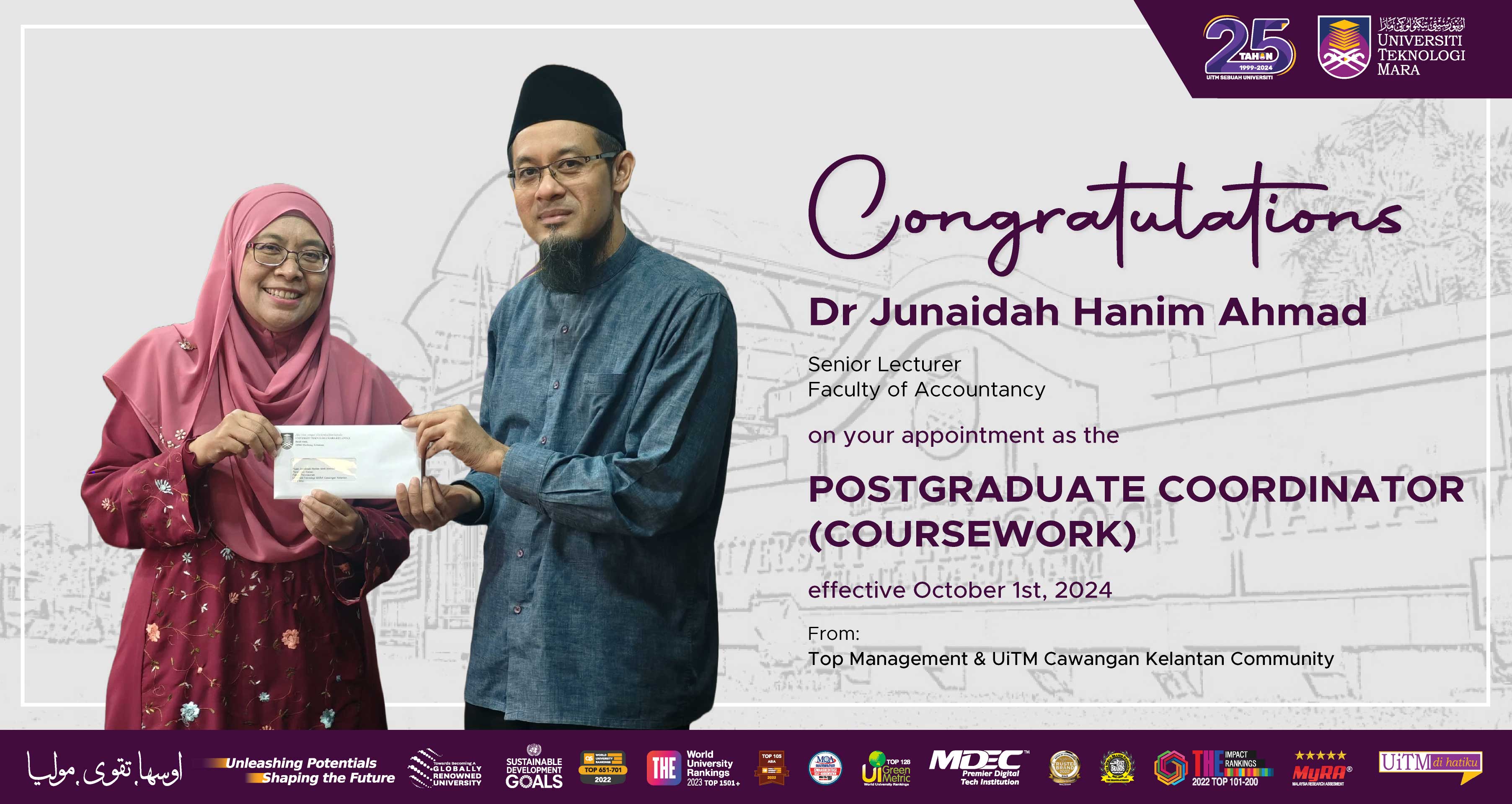 Congratulations!!! Dr Junaidah Hanim Ahmad, Postgraduate Coordinator (Coursework)