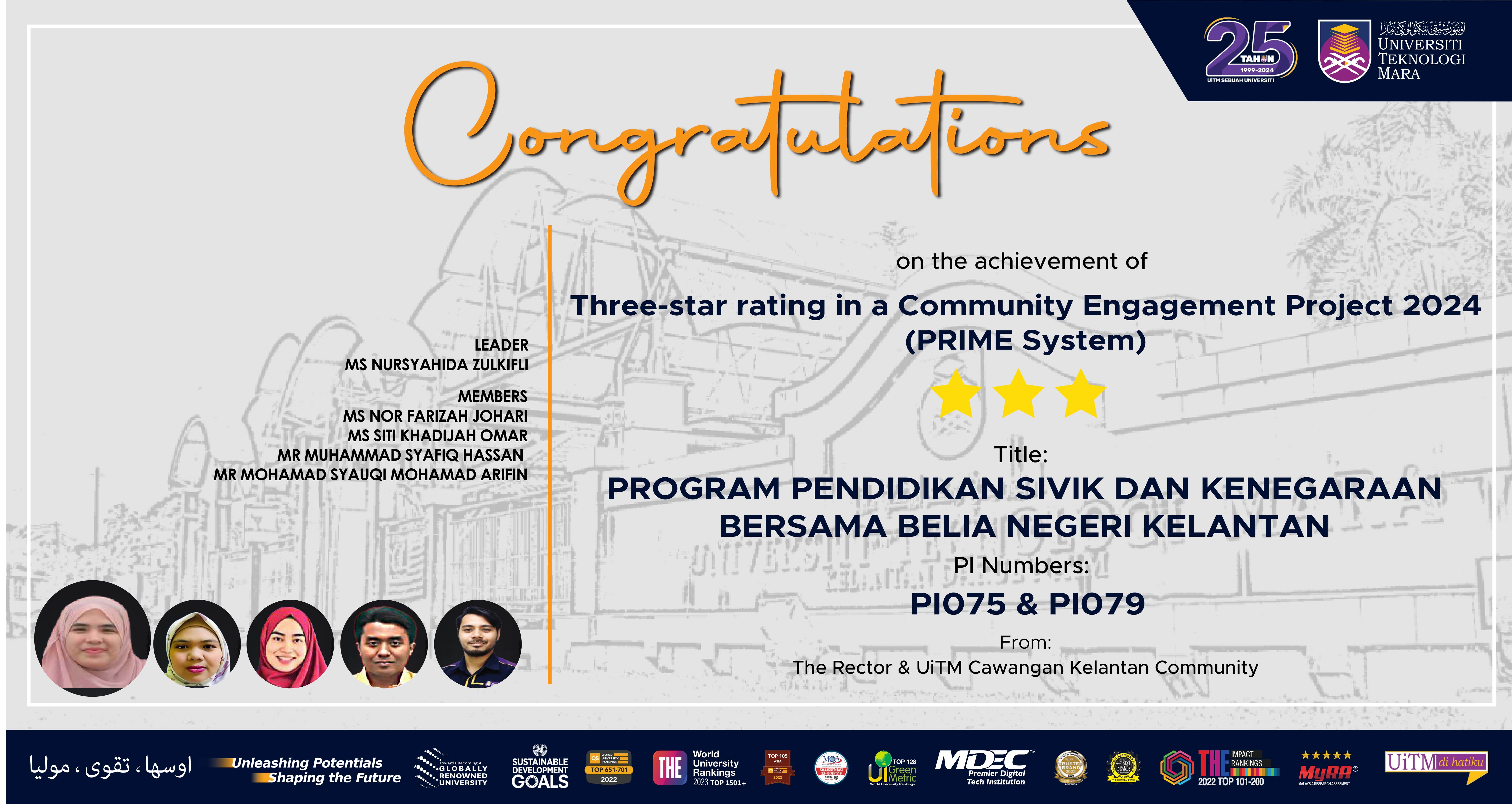 Congratulations!!! Achievement of Three-Star Rating in a Community Engagement Project 2024 (PRIME System)