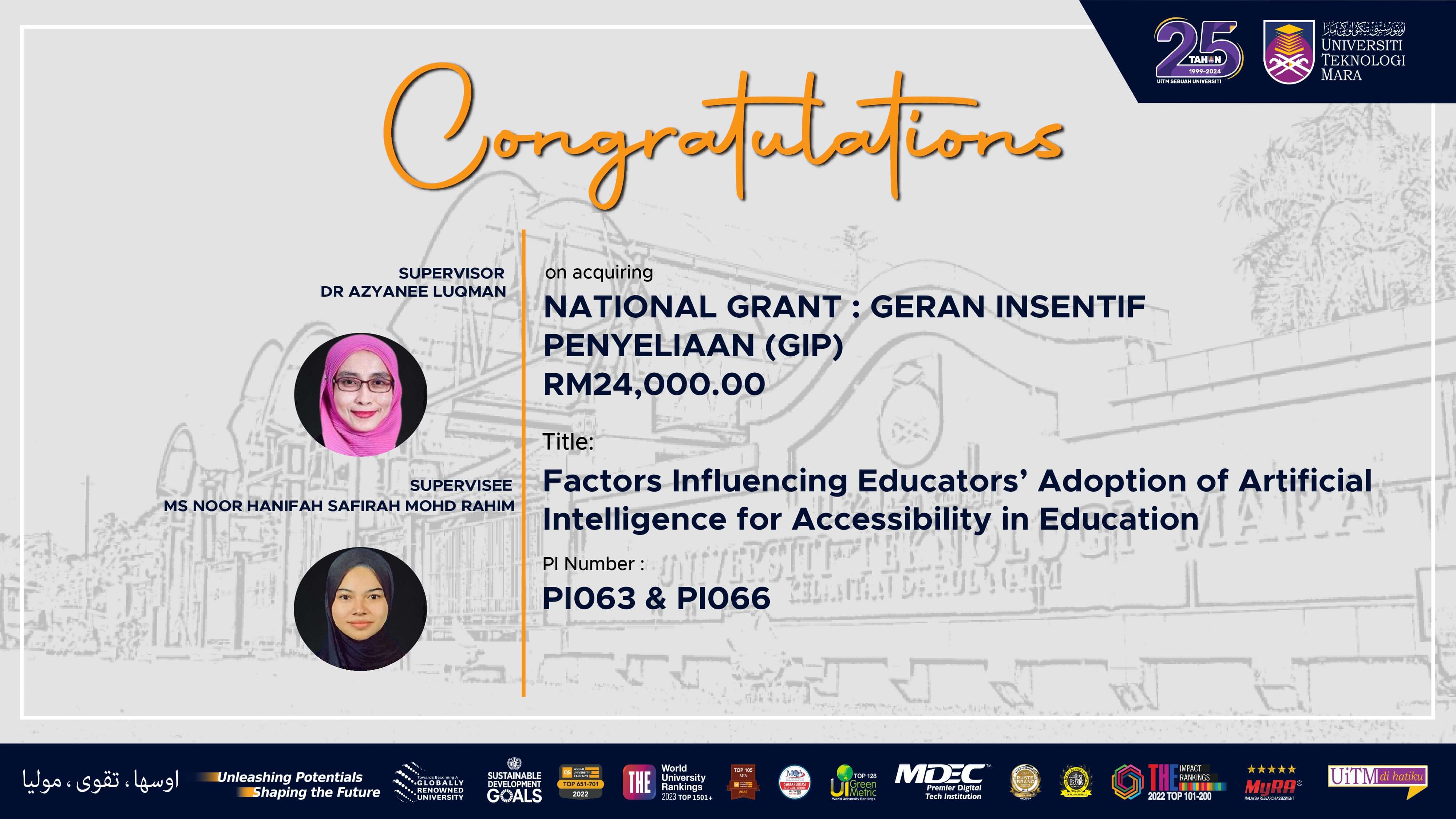 Congratulations!!! National Grant: Geran Insentif Penyeliaan (GIP) 