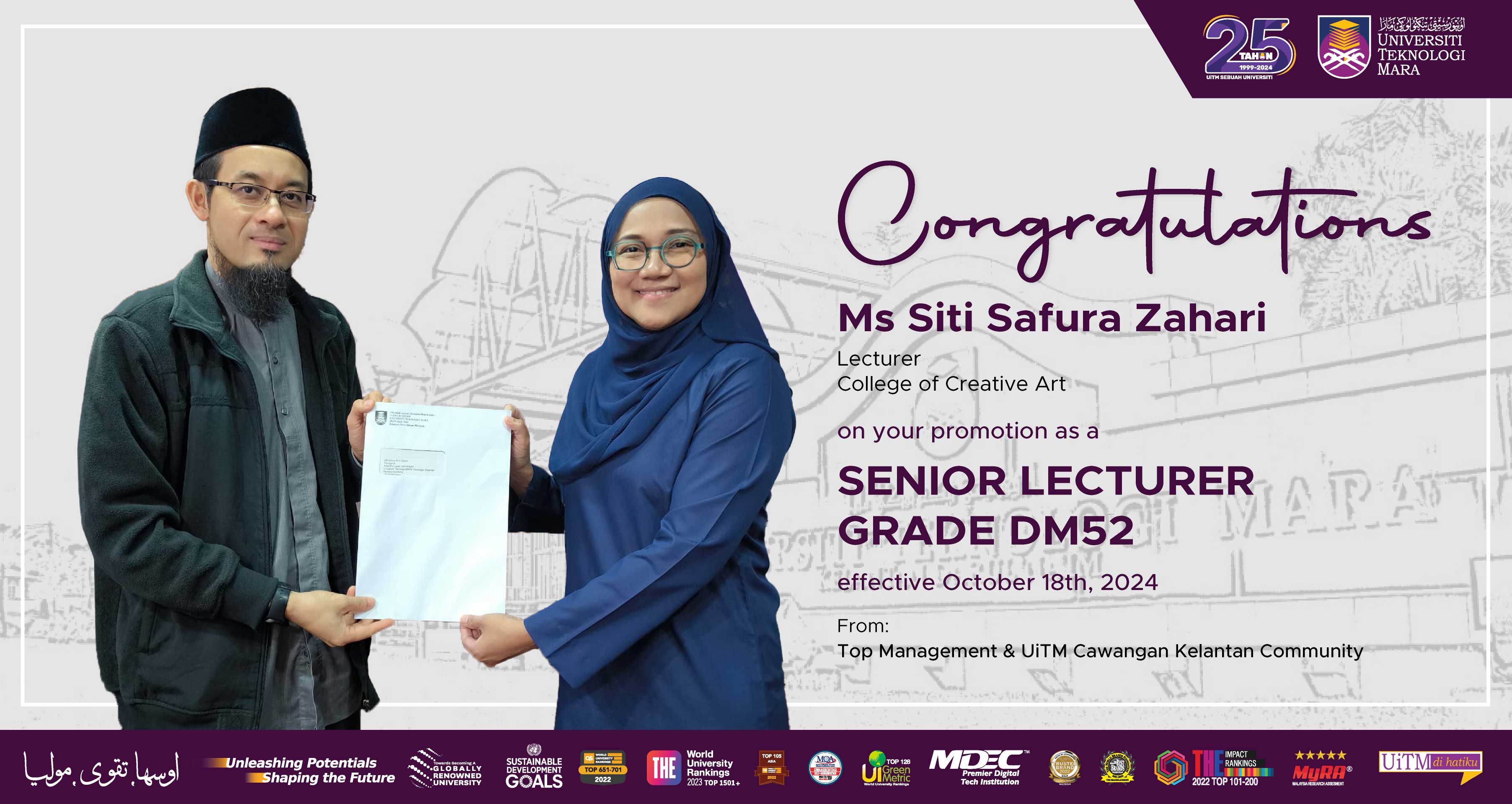 Congratulations!!! Ms Siti Safura Zahari, Senior Lecturer Grade DM52